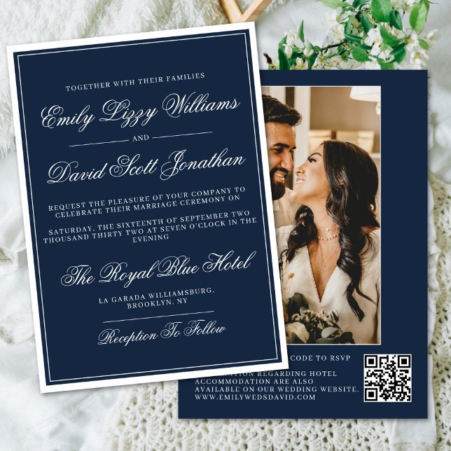 Classic Navy Blue Regal Traditional QR Photo Invitation (Creator Uploaded)