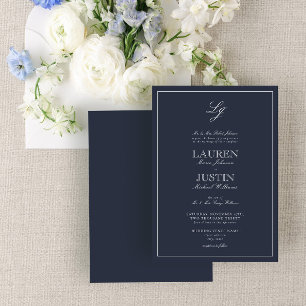 Classic Navy Blue Script Monogram Wedding Invitation