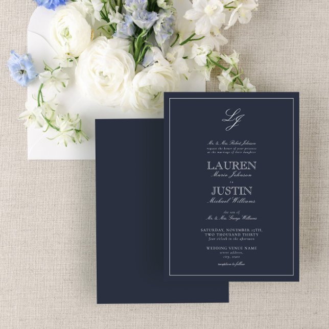 Classic Navy Blue Script Monogram Wedding Invitation (Creator Uploaded)