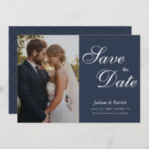 Classic Navy Blue Script Photo Save the Date