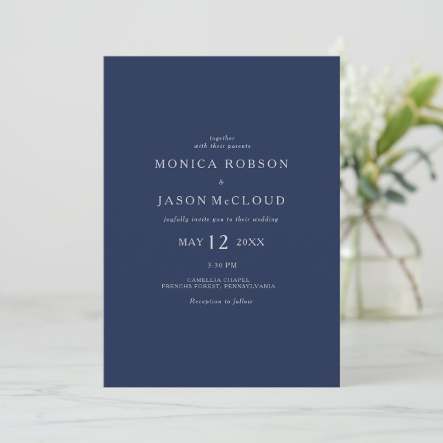Classic Navy Blue | Silver All In One Wedding Invitation (Standing Front)