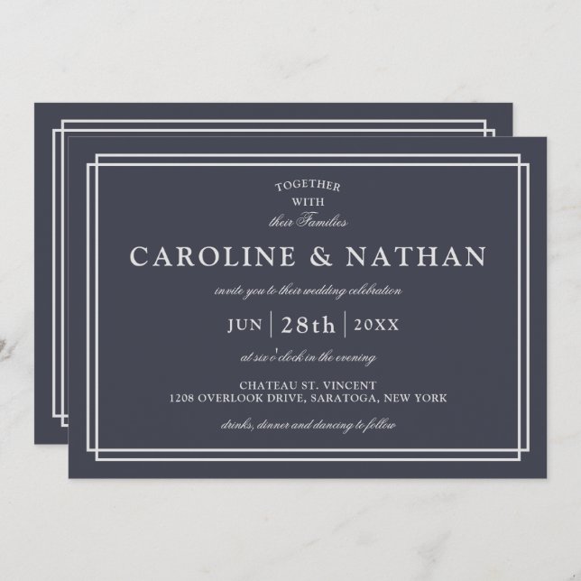Classic Navy Blue Simple Elegant Frame Wedding Invitation (Front/Back)