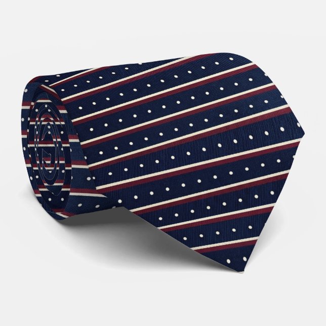 Classic Navy Blue Stripes and Pin Dot Geometric Tie (Rolled)