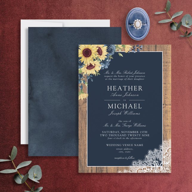 Classic Navy Blue Sunflower Lace Script Wedding Invitation (Creator Uploaded)