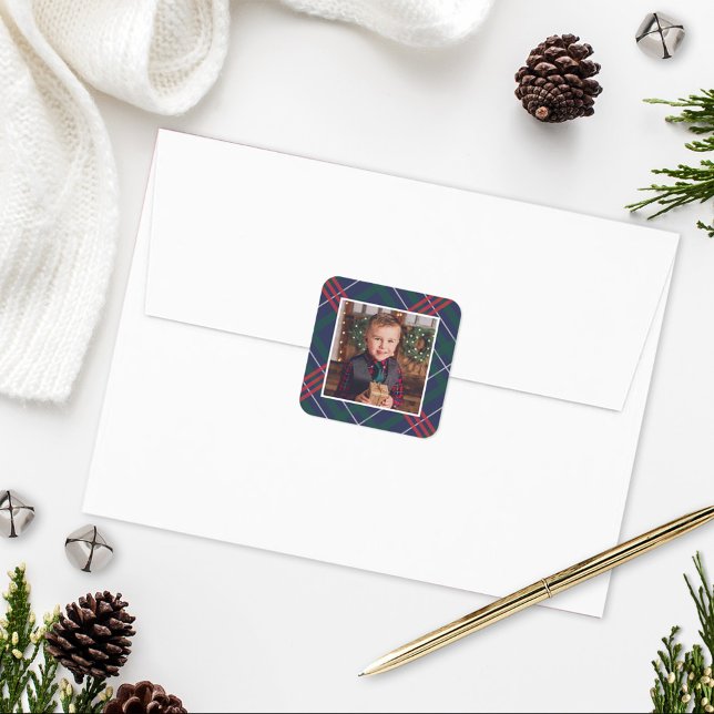 Classic Navy Blue Tartan Plaid Holiday Photo Square Sticker (Creator Uploaded)