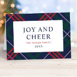 Classic Navy Blue Tartan Plaid Joy and Cheer Holiday Card<br><div class="desc">Stylish folded holiday card features a classic navy blue, hunter green and red tartan plaid pattern with elegant "Joy and Cheer" text with family name and year that can be completely personalised. A custom script message is also included on the inside of the card. Personalise with your preferred text -...</div>