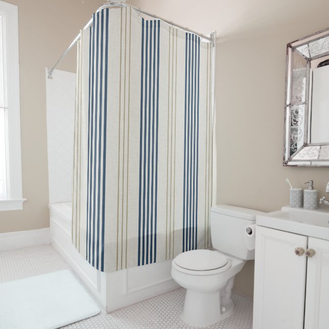 Classic Navy Blue Ticking Stripe Pattern Shower Curtain (In Situ)