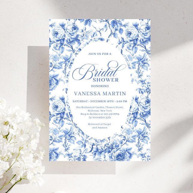Classic Navy Blue Toile Rose Bridal Shower Invite (Classic Navy Blue Toile Rose Bridal Shower Invitation)