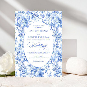 Classic Navy Blue Toile Rose Formal Wedding Invite