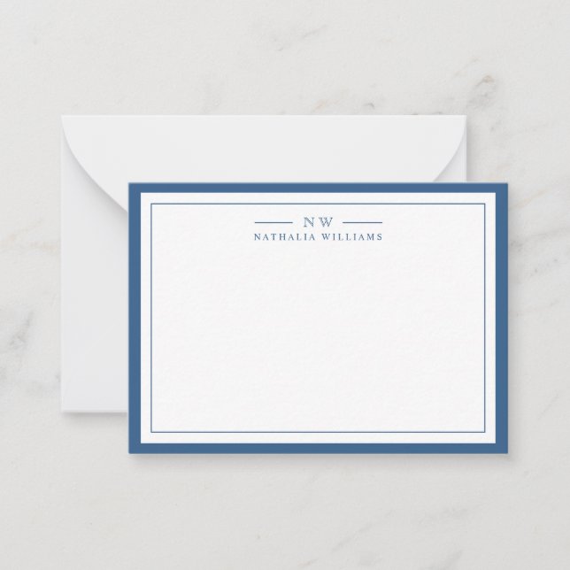 Classic Navy Blue Two Border Monogram Lined Card (Front)