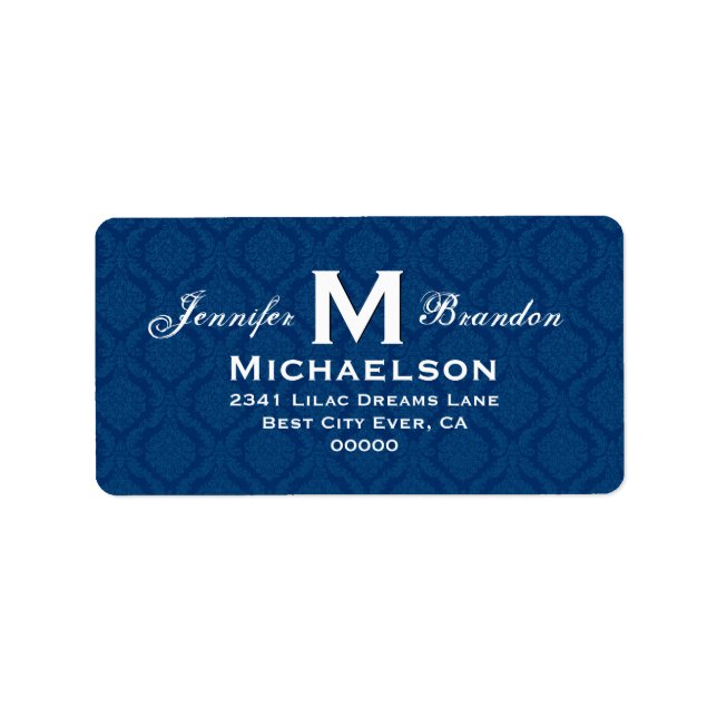 Classic Navy Blue Wedding Damask Monogram Label (Front)