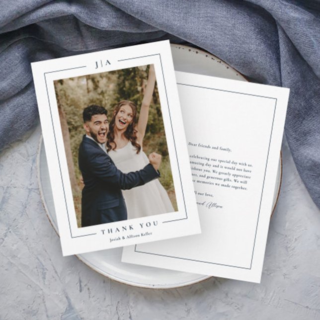 Classic Navy Blue Wedding Photo Thank You Card (Elegant Monogram Navy Blue Photo Wedding Thank you Cards.)