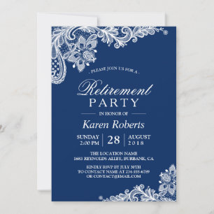 Classic Navy Blue White Lace Retirement Party Invitation