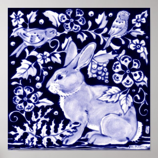 Classic Navy Blue, White Rabbit Birds Dedham Delft Poster (Front)