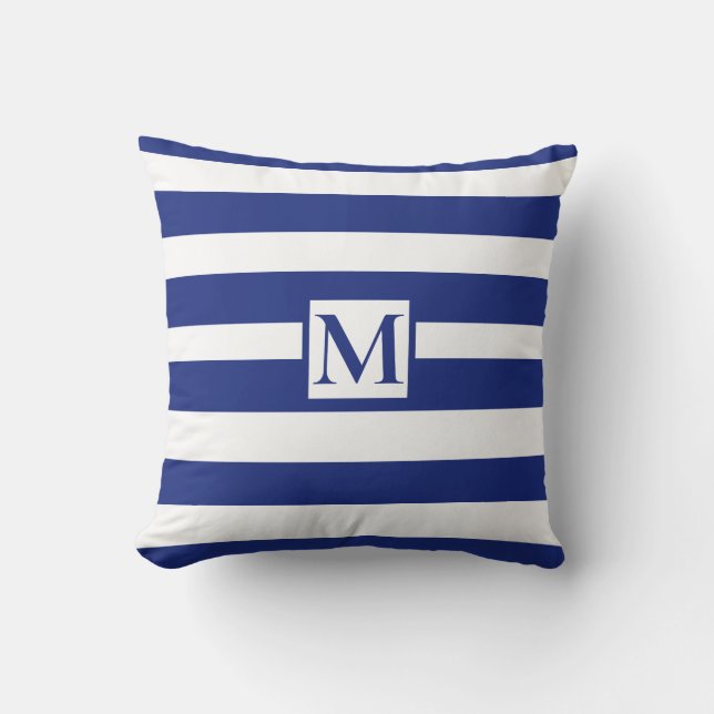 Classic navy blue white strips monogram cushion (Front)