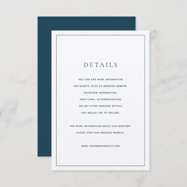 Classic Navy Blue & White Wedding Details Card (Front/Back)