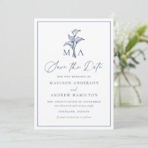 Classic Navy Calla Lily Monogram Wedding Save The Date