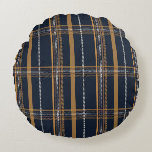 Classic Navy Camel Plaid Aesthetic Round Cushion