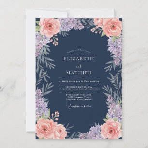 Classic Navy Coral Blossom Wedding Invitation