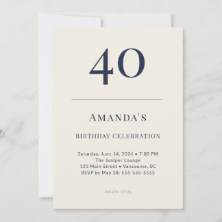 Classic Navy & Cream 40th Birthday Celebration Inv Invitation