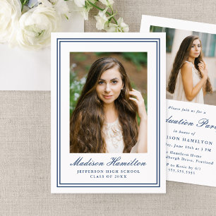 Classic Navy Double Border Frame Photo Graduation Invitation