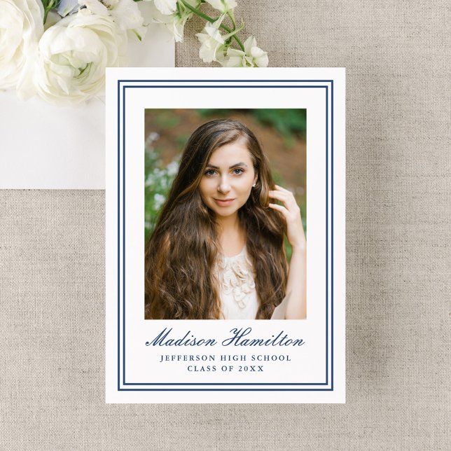 Classic Navy Double Border Photo Graduation Announcement (Creator Uploaded)