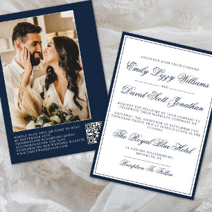Classic Navy Elegant Script QR Photo Invitation