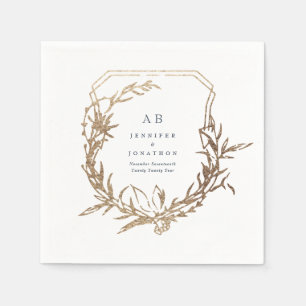 classic navy florals gold motif monogram wedding napkin