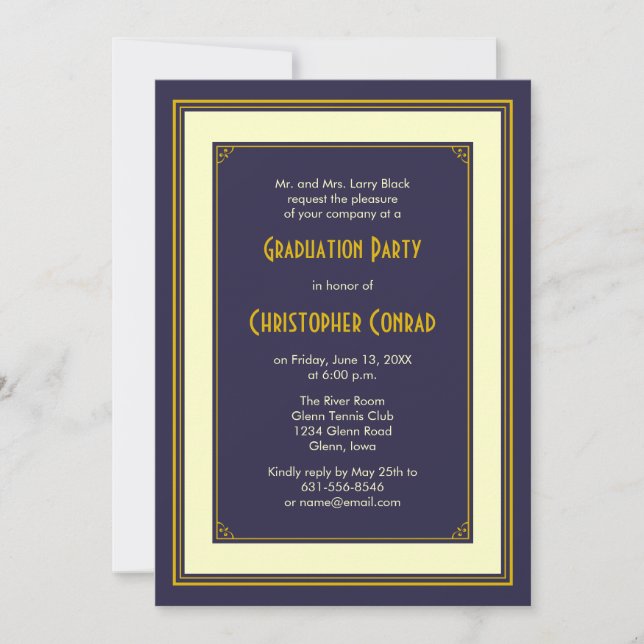 Classic Navy Gold Boys Mens Graduation Invitation (Front)