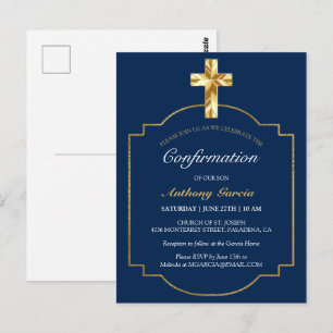 Classic Navy Gold Cross Confirmation Invitation Postcard