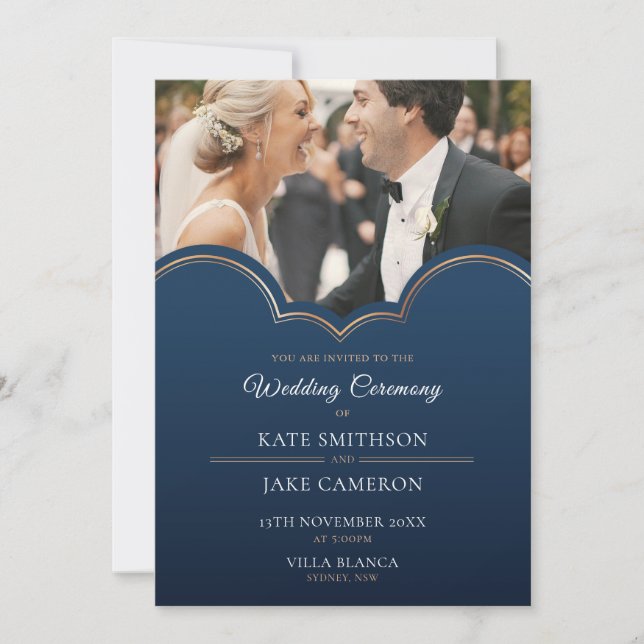 Classic Navy Gold Photo Save the Date Invitation (Front)
