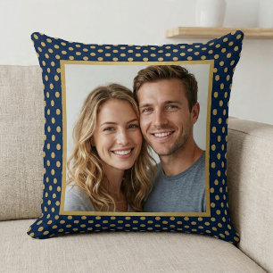 Classic Navy & Gold Polka Dot Frame Photo Cushion