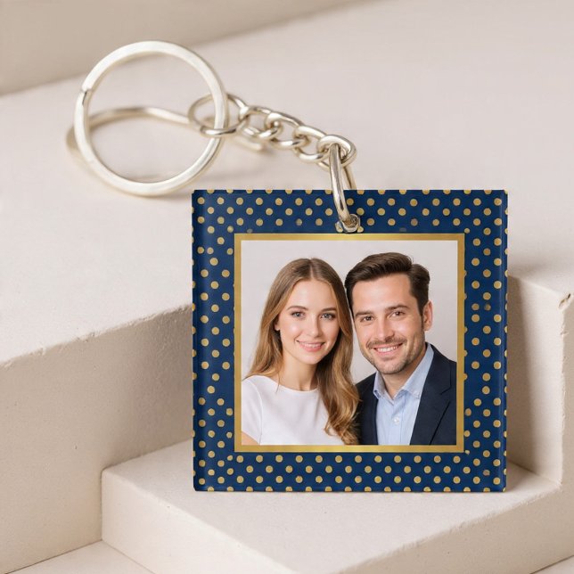 Classic Navy & Gold Polka Dot Frame Photo Key Ring (Creator Uploaded)