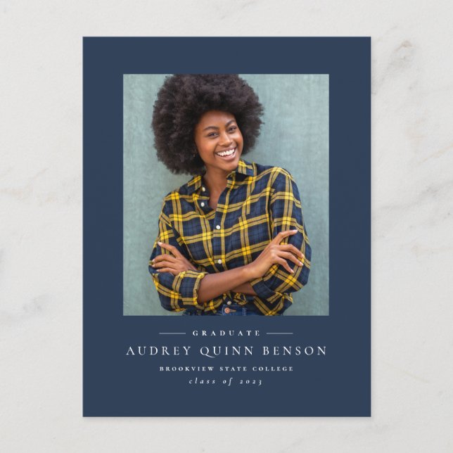 Classic navy graduation announcement invitation (Front)