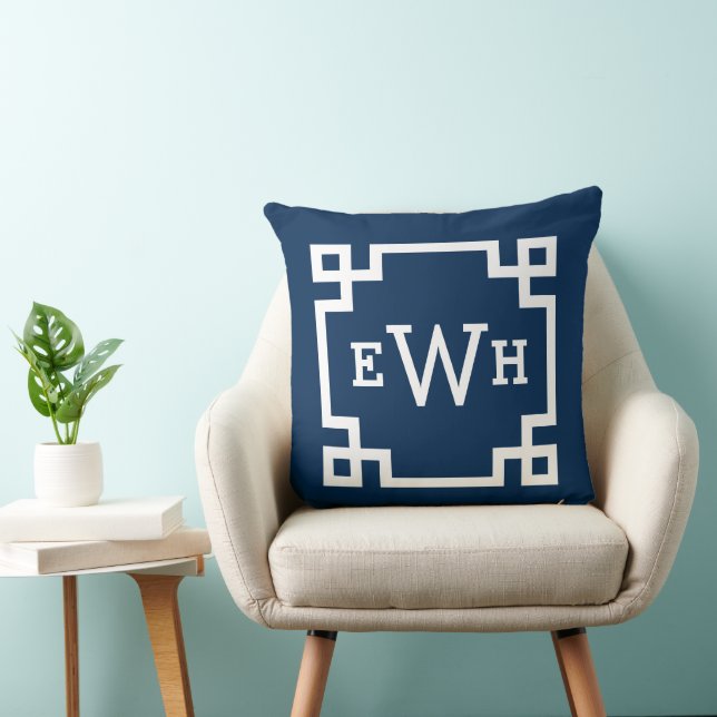 Classic Navy Greek Key Monogram Initial Cushion (Chair)