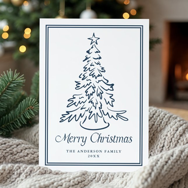 Classic Navy Hand-Drawn Christmas Tree Non-Photo Holiday Card (Creator Uploaded)