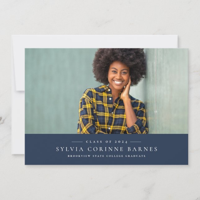Classic navy horizontal graduation announcement (Front)