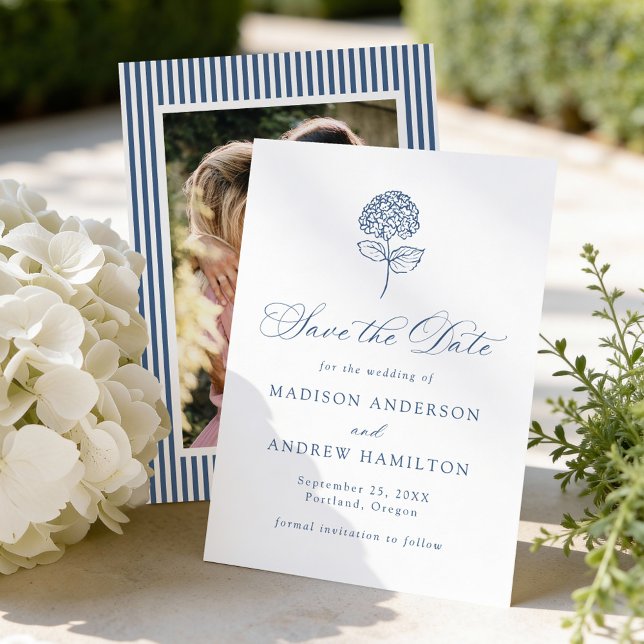 Classic Navy Hydrangea Photo Wedding Save The Date (Creator Uploaded)