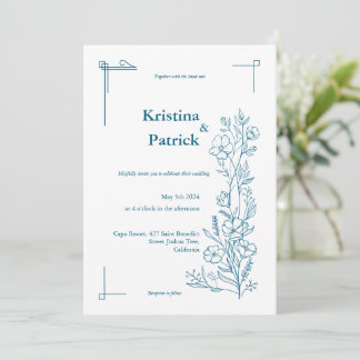 Classic navy line drawing flowers wedding  invitation