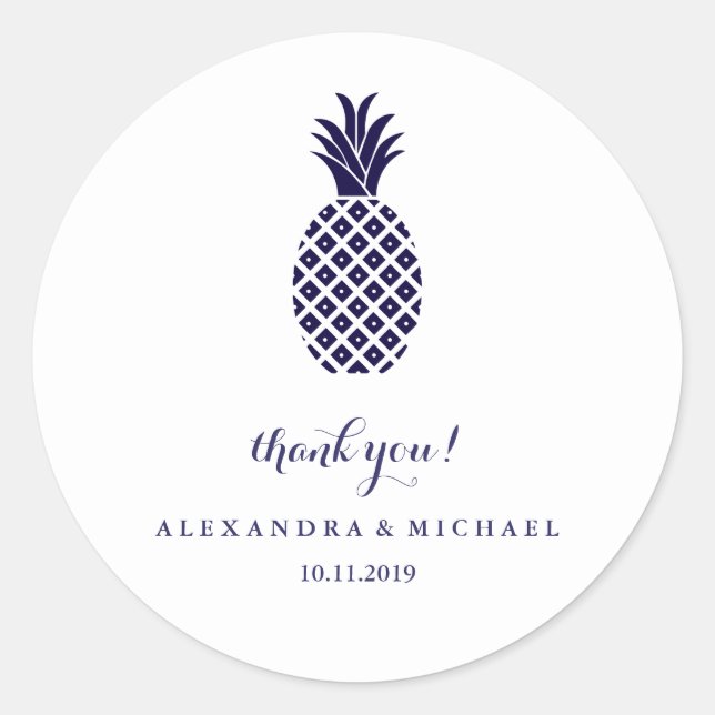 Classic Navy Pineapple Wedding Thank You Round Sticker (Front)