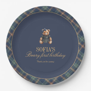 Classic Navy Plaid Teddy Bear Girl Birthday Paper Plate