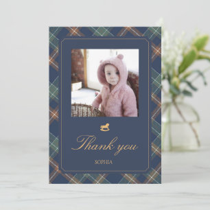 Classic Navy Plaid Teddy Bear Girl Birthday Photo  Thank You Card