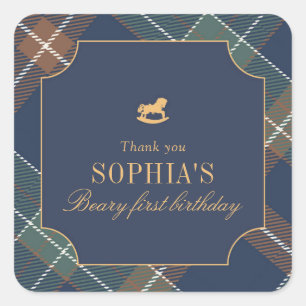 Classic Navy Plaid Teddy Bear Girl Birthday Square Sticker