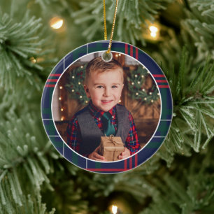 Classic Navy Red Green Tartan Plaid Custom Photo Ceramic Ornament