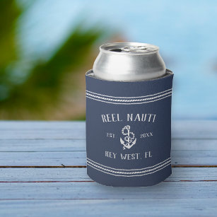 Classic Navy Rustic Anchor Personalised Boat Name Can Cooler