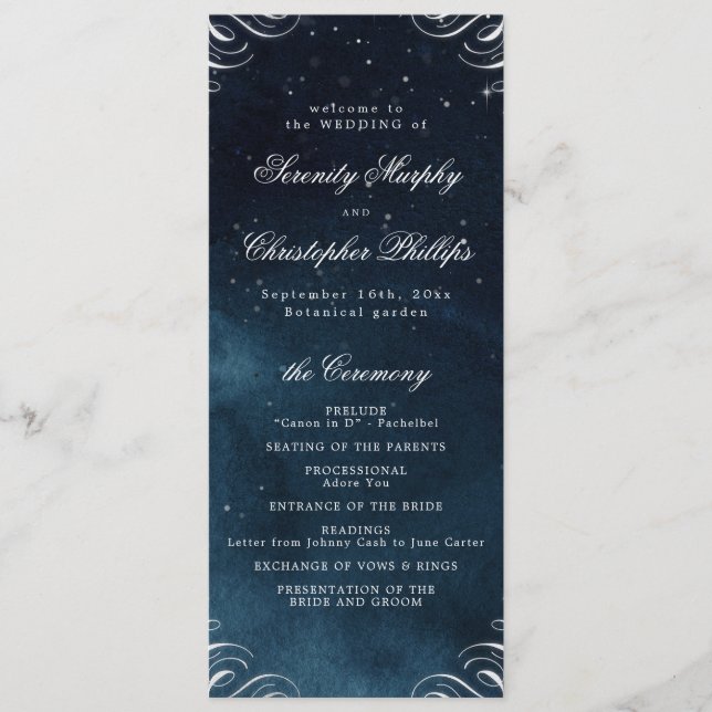 Classic Navy Silver Calligraphy Wedding Program (Front)