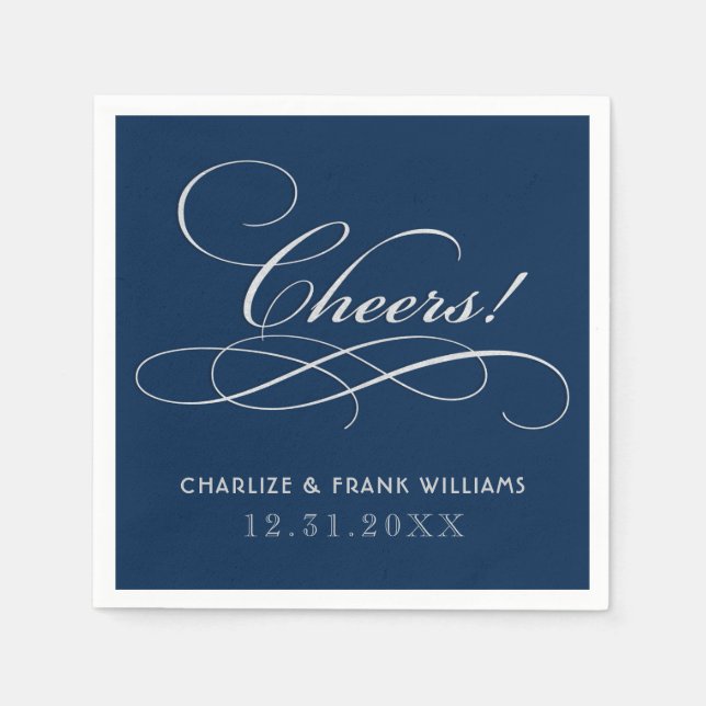 Classic Navy Silver Cheers Calligraphy Wedding Napkin (Front)