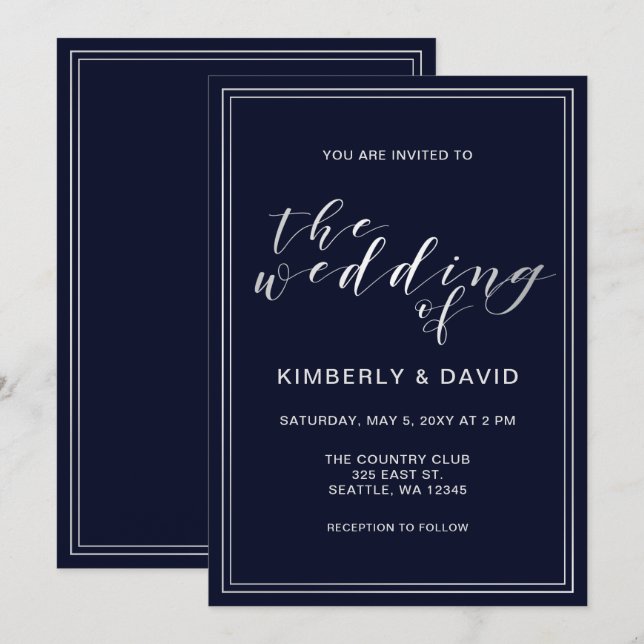 Classic Navy Silver Wedding Invitation (Front/Back)
