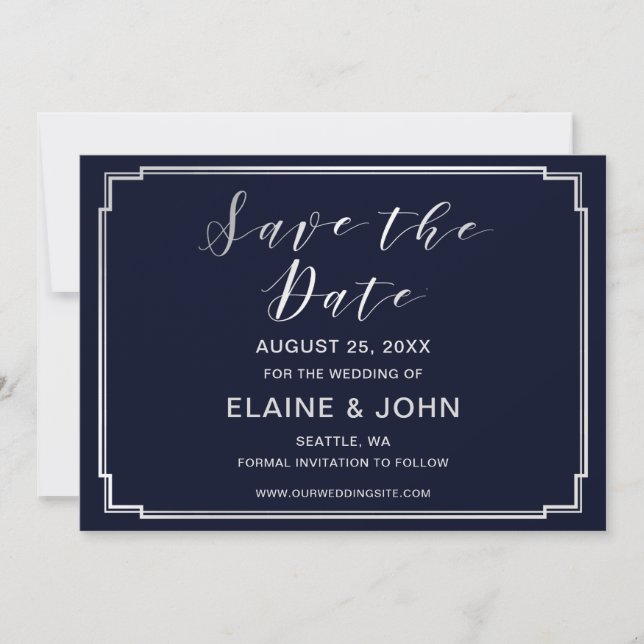 Classic Navy Silver Wedding save the dates Date (Front)