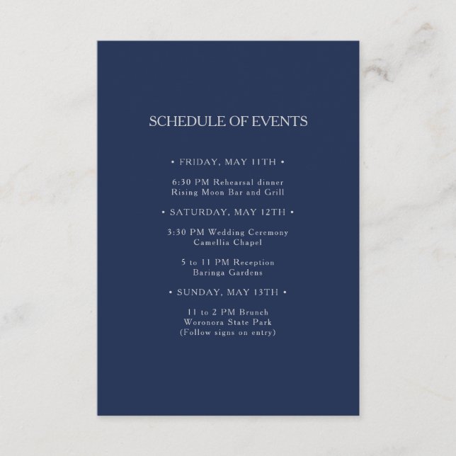 Classic Navy | Silver Wedding Schedule of Events Enclosure Card (Front)